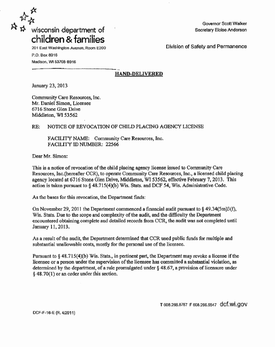License revocation of Community Care Resources Inc, page 1
